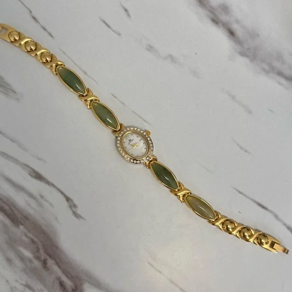 Retro Y2K Gold and Green Natural stones Vintage Watch bracelet Stainless steel - Picture 7 of 7